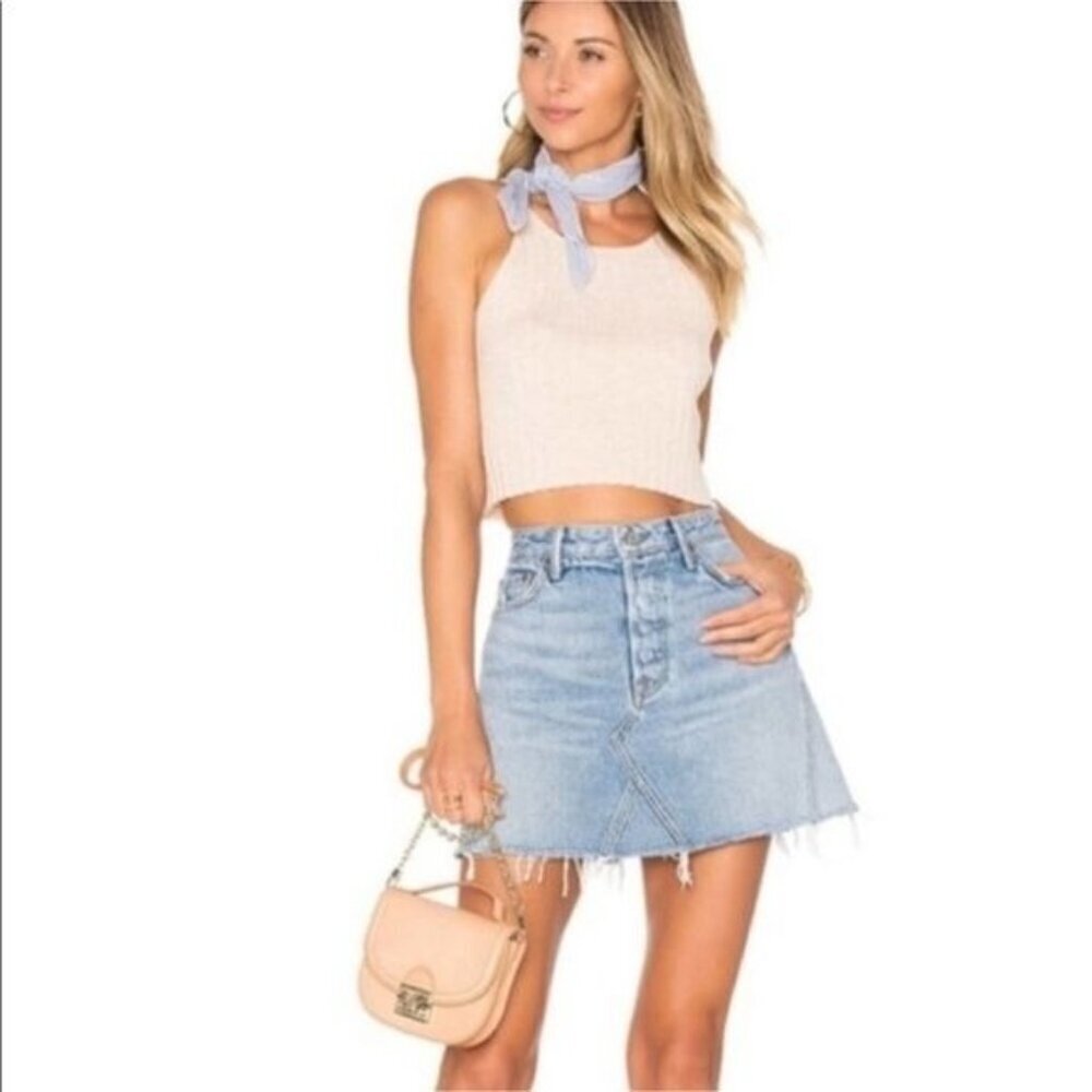 GRLFRND The Eva Denim Skirt in Car Wash Blue Cut Off Revolve Size 27